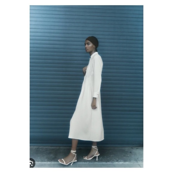 ZARA Ivory Gold Detail Long Sleeve Tailored Midi Shirt Dress XL Blogger Favorite - Picture 3 of 8